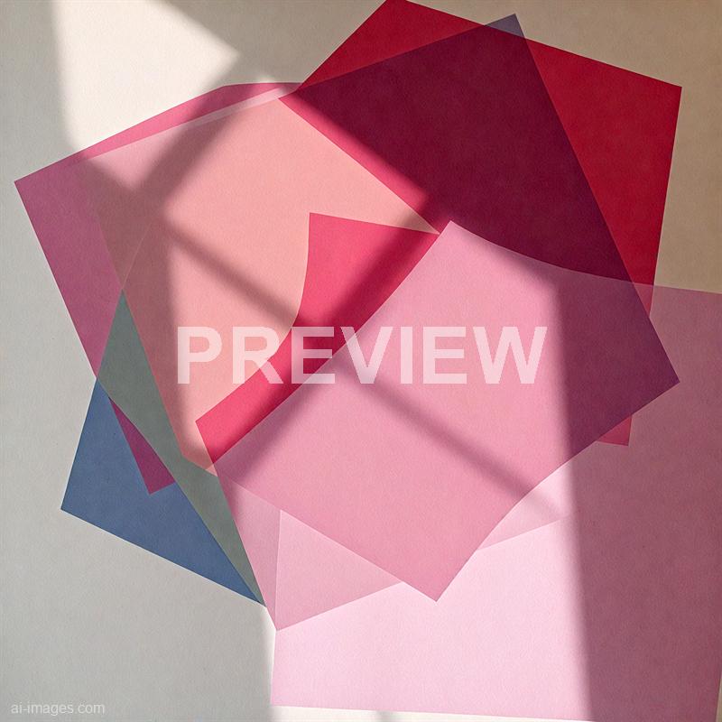 The image features multiple overlapping translucent sheets of paper in shades of pink, red, and blue arranged on a flat surface. Shadows cast by an unseen object create a crisscross pattern across the papers, adding depth and contrast to the composition. The background appears to be a plain, light-colored surface, highlighting the vibrant colors and geometric arrangement of the paper sheets.